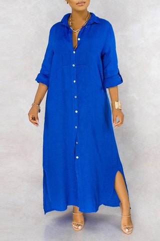 Basic Solid Color Loose Single Breasted Long Sleeve Maxi Dress