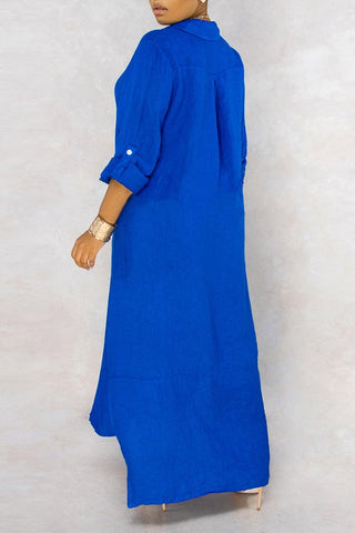 Basic Solid Color Loose Single Breasted Long Sleeve Maxi Dress