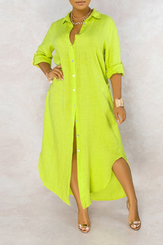 Basic Solid Color Loose Single Breasted Long Sleeve Maxi Dress