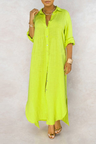 Basic Solid Color Loose Single Breasted Long Sleeve Maxi Dress