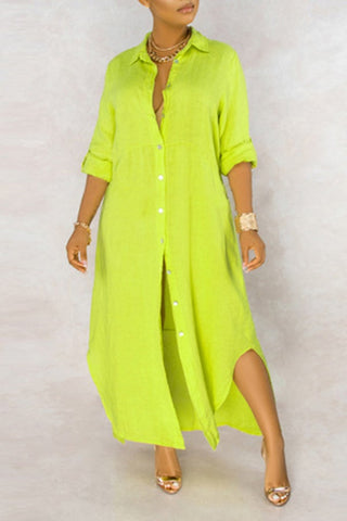 Basic Solid Color Loose Single Breasted Long Sleeve Maxi Dress