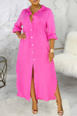 Basic Solid Color Loose Single Breasted Long Sleeve Maxi Dress