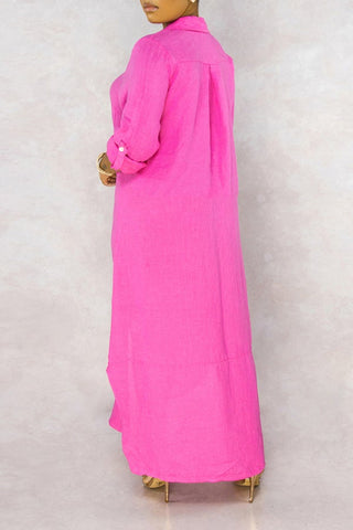 Basic Solid Color Loose Single Breasted Long Sleeve Maxi Dress