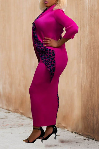 Fashion Leopard Print Stitching Long Sleeve Plus Size Maxi Dress