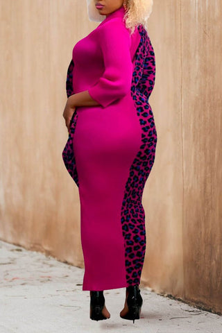 Fashion Leopard Print Stitching Long Sleeve Plus Size Maxi Dress