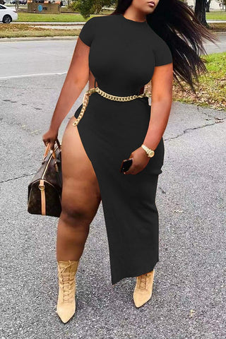 Sexy Waist Cutout Chain High Slit Slim Fit Short Sleeve Maxi Dress