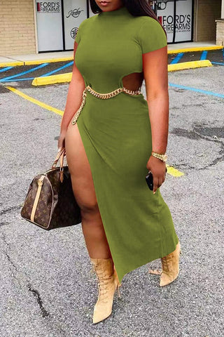 Sexy Waist Cutout Chain High Slit Slim Fit Short Sleeve Maxi Dress