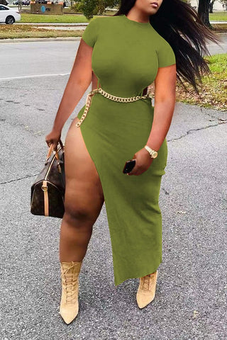Sexy Waist Cutout Chain High Slit Slim Fit Short Sleeve Maxi Dress
