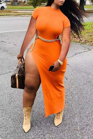 Sexy Waist Cutout Chain High Slit Slim Fit Short Sleeve Maxi Dress