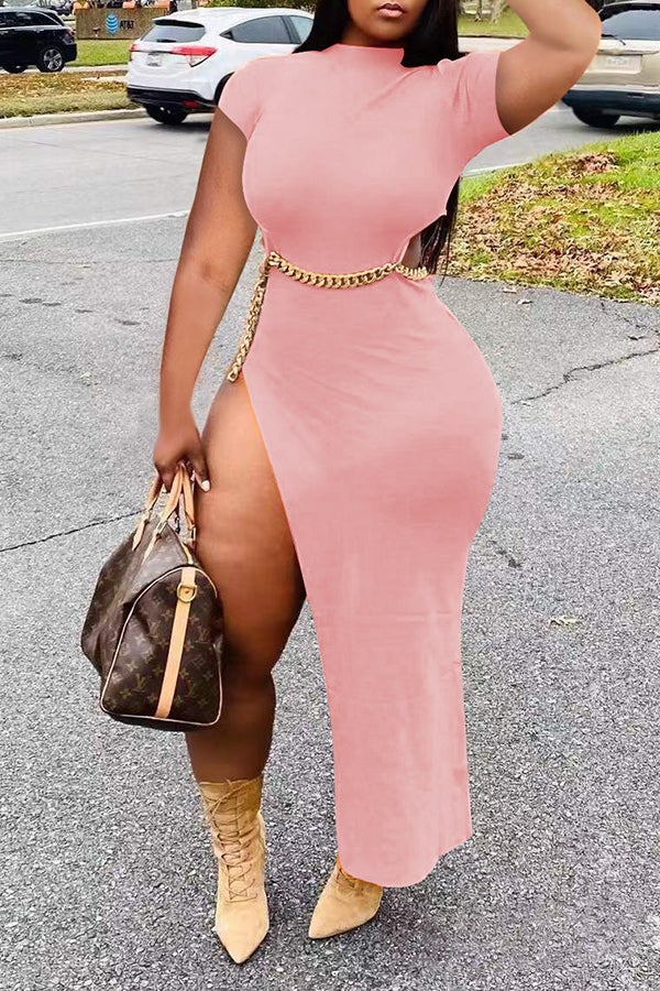 Sexy Waist Cutout Chain High Slit Slim Fit Short Sleeve Maxi Dress