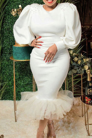 Elegant Round Neck Puff Sleeve Mesh Stitching Fishtail Midi Dress
