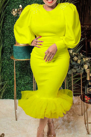 Elegant Round Neck Puff Sleeve Mesh Stitching Fishtail Midi Dress