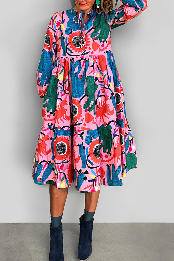 Fun Hand Drawn Print Tie Neck 3/4 Length Sleeve Plus Size Midi Dress