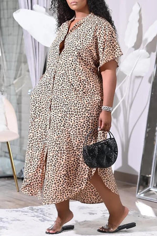 Plus Size Leopard Button Down Pocket Shirt Dress