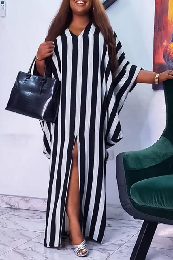 Plus Size V-neck Striped Batwing Sleeve Slit Dress