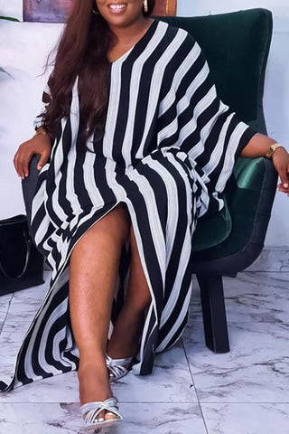 Plus Size V-neck Striped Batwing Sleeve Slit Dress