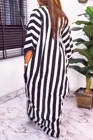 Plus Size V-neck Striped Batwing Sleeve Slit Dress