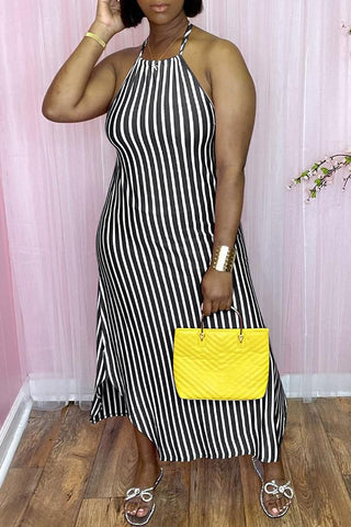 Basic Striped Halter Sleeveless Maxi Dress