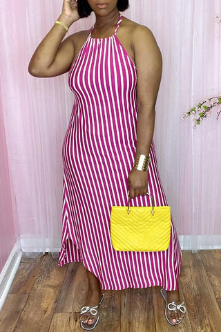 Basic Striped Halter Sleeveless Maxi Dress