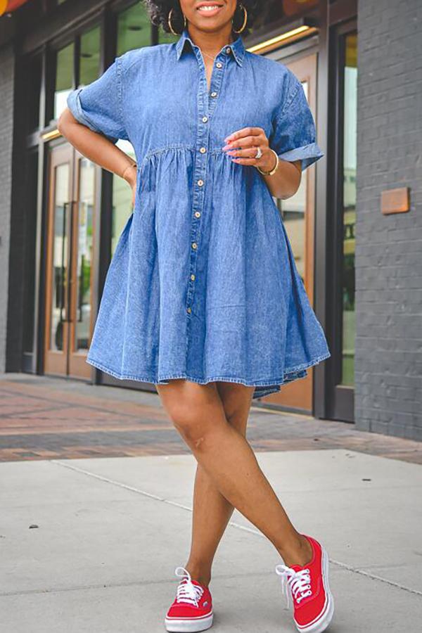 Denim Shirt Collar Short Sleeve Button Down Dress