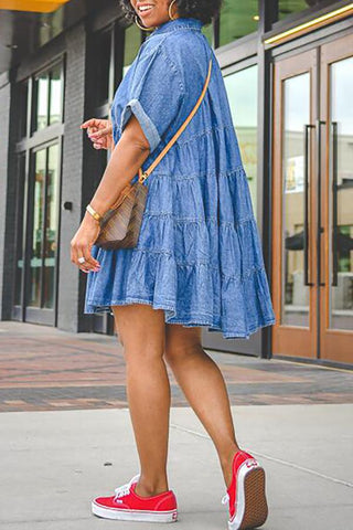 Denim Shirt Collar Short Sleeve Button Down Dress