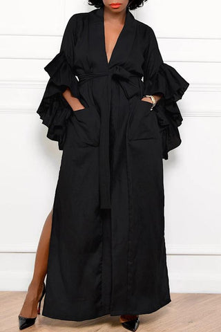 V-neck Solid Ruffle Sleeve Pocket Tie Maxi Dress