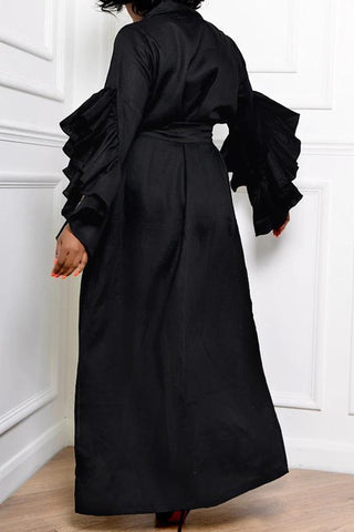 V-neck Solid Ruffle Sleeve Pocket Tie Maxi Dress