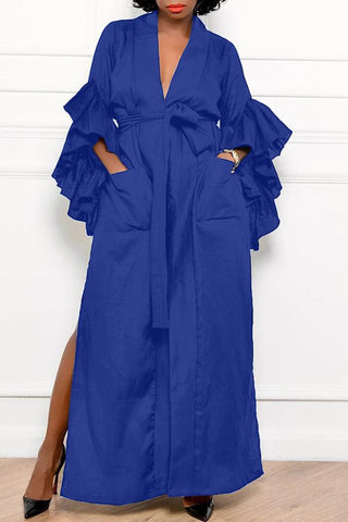 V-neck Solid Ruffle Sleeve Pocket Tie Maxi Dress