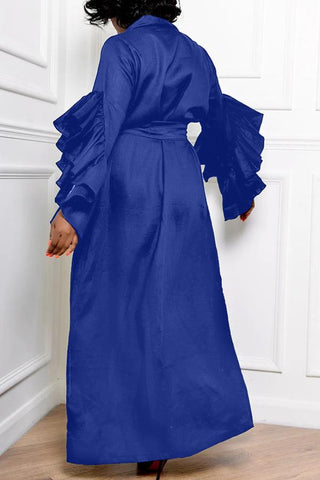 V-neck Solid Ruffle Sleeve Pocket Tie Maxi Dress