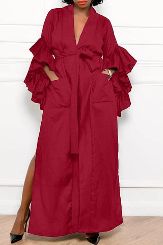 V-neck Solid Ruffle Sleeve Pocket Tie Maxi Dress