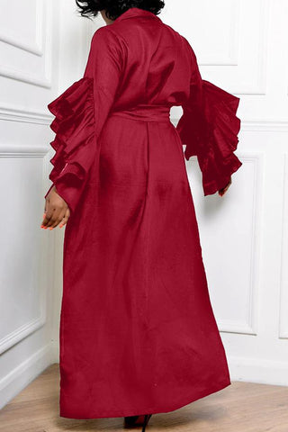 V-neck Solid Ruffle Sleeve Pocket Tie Maxi Dress
