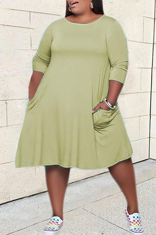 Plus Size Round Neck Long Sleeve Pocket Plain Dress