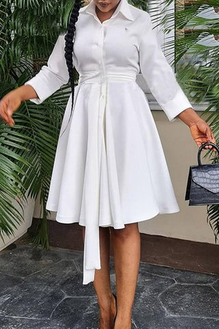 Solid Long Sleeve Tie Waist A-line Shirt Dress