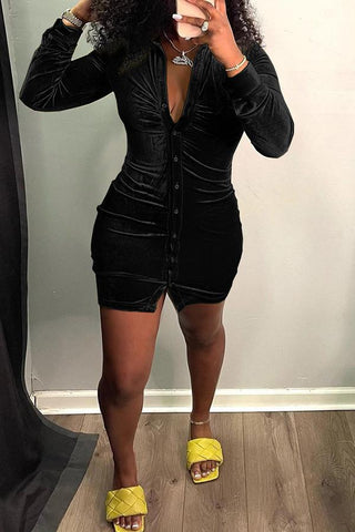 Sexy V-neck Velour Long Sleeve Ruched Dress