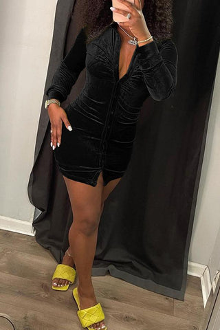 Sexy V-neck Velour Long Sleeve Ruched Dress