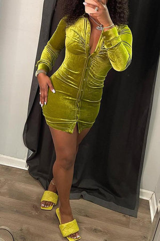 Sexy V-neck Velour Long Sleeve Ruched Dress