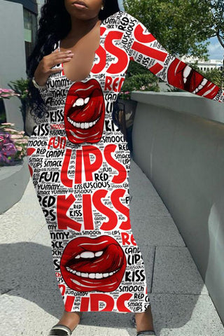 Pretty Lip Print U Collar Long Sleeve Maxi Dress