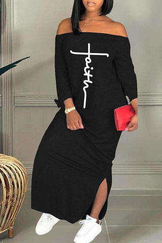 Letter Print Off Shoulder Side Slit Dress