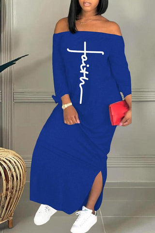 Letter Print Off Shoulder Side Slit Dress