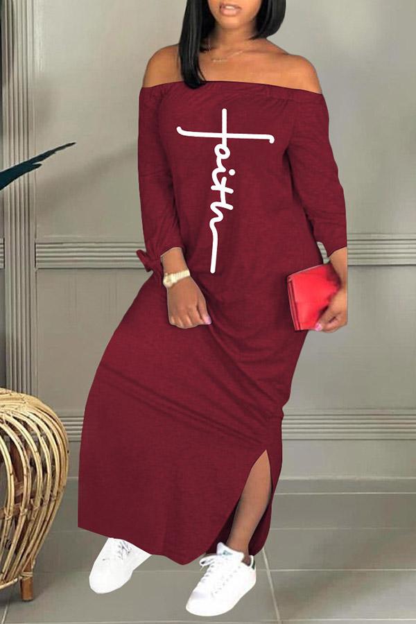 Letter Print Off Shoulder Side Slit Dress