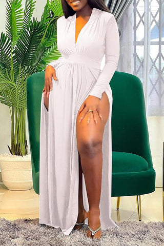 Sexy V-neck Collect Waist Slit Maxi Dress