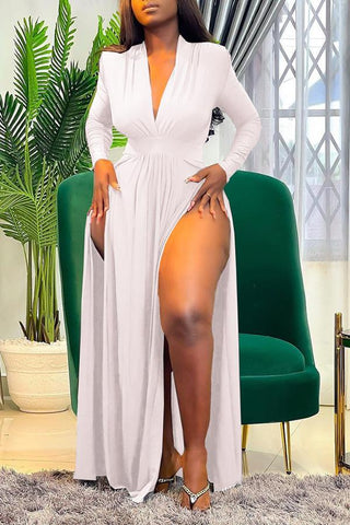 Sexy V-neck Collect Waist Slit Maxi Dress