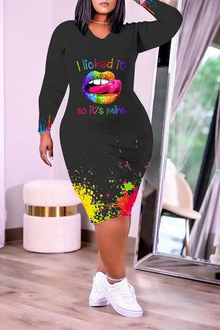 Lip Inkjet Print V-neck Pocket Plus Size Midi Dress