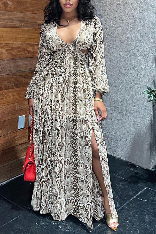 Snake Print V-neck Cutout Side Slit Maxi Dress