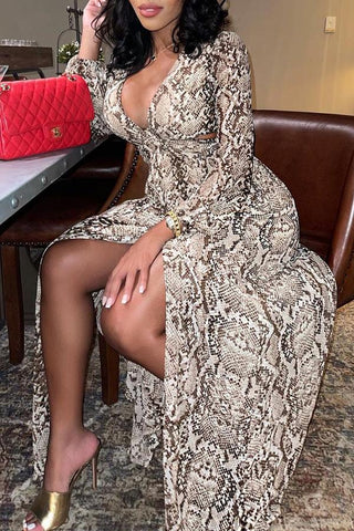 Snake Print V-neck Cutout Side Slit Maxi Dress