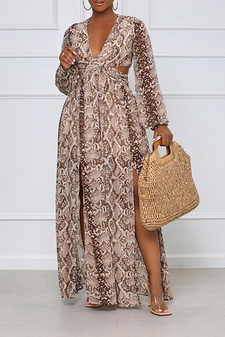 Snake Print V-neck Cutout Side Slit Maxi Dress