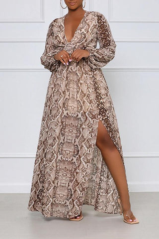 Snake Print V-neck Cutout Side Slit Maxi Dress