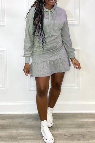 Pile Collar Drawstring Ruffle Hem Mini Dress