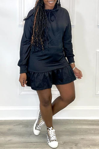 Pile Collar Drawstring Ruffle Hem Mini Dress
