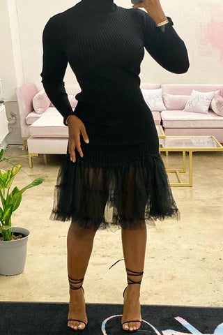 Sweet High Neck Mesh Stitching Knit Midi Dress